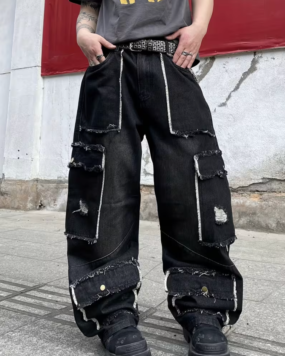 HellMark Trendy Patchwork Distressed Baggy Jeans