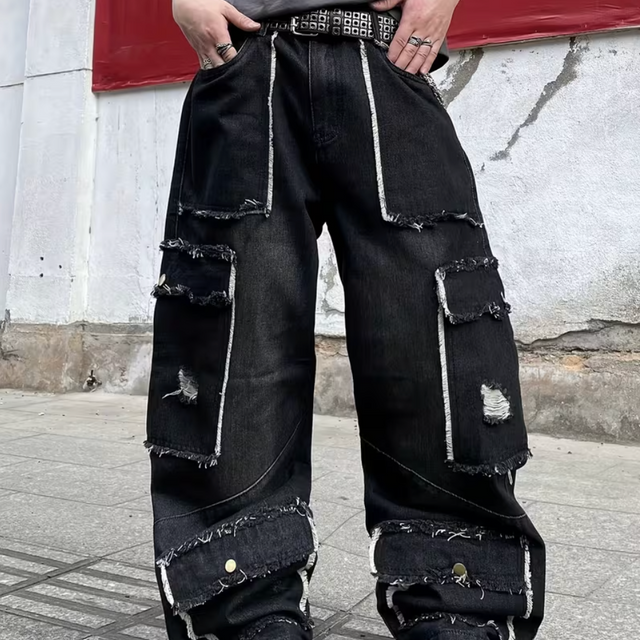 HellMark Trendy Patchwork Distressed Baggy Jeans