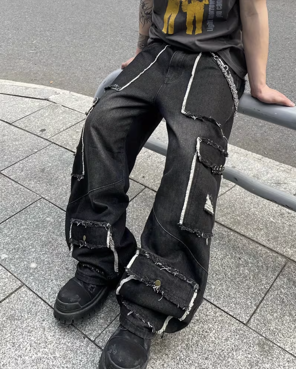 HellMark Trendy Patchwork Distressed Baggy Jeans