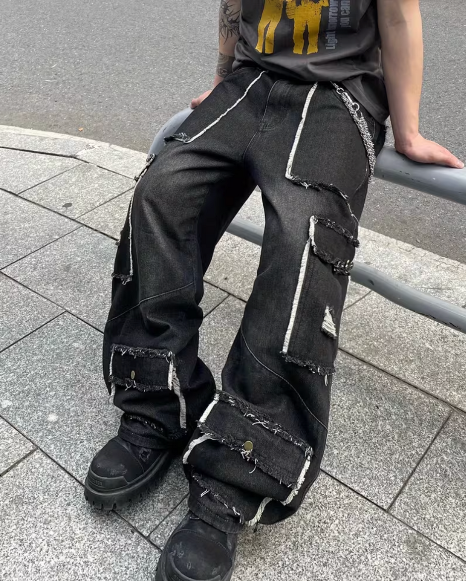 HellMark Trendy Patchwork Distressed Baggy Jeans