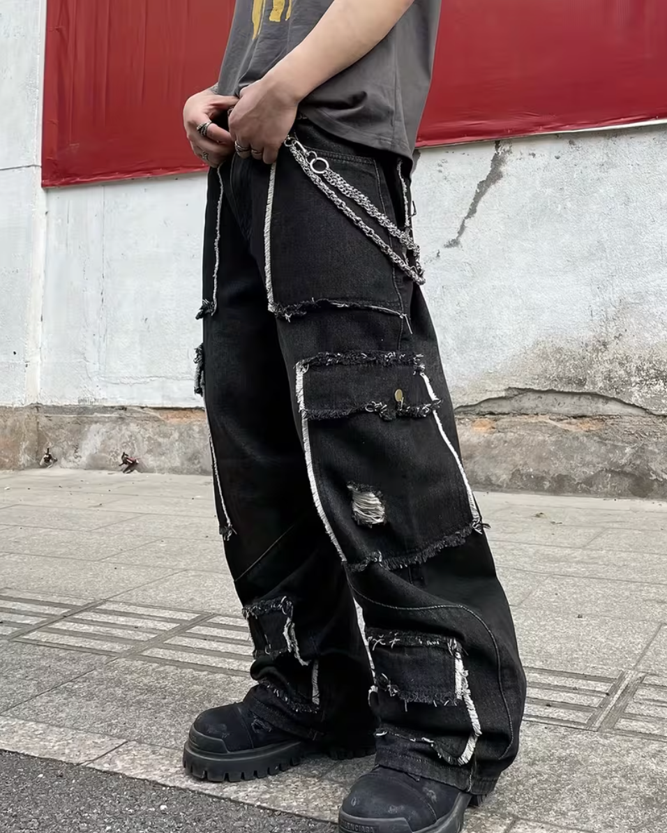 HellMark Trendy Patchwork Distressed Baggy Jeans