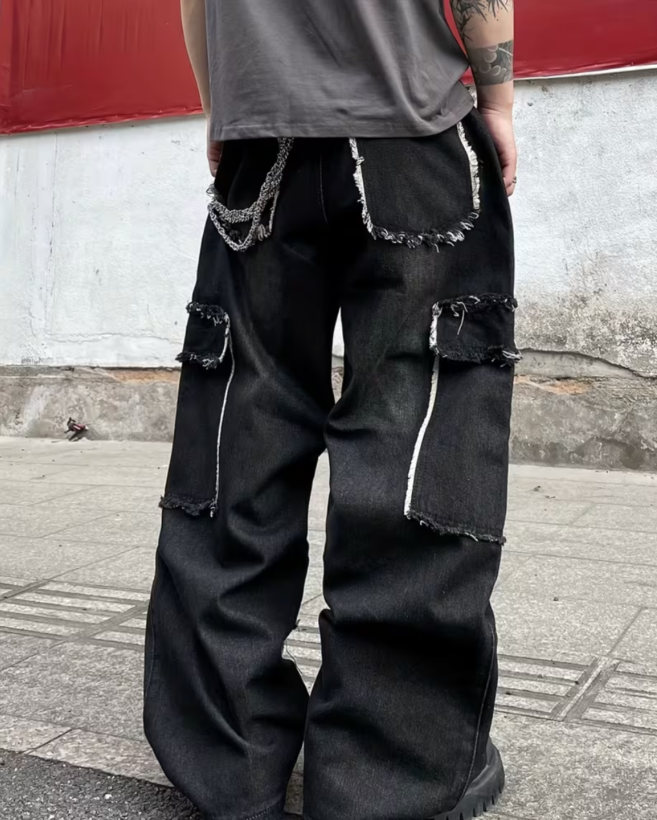 HellMark Trendy Patchwork Distressed Baggy Jeans