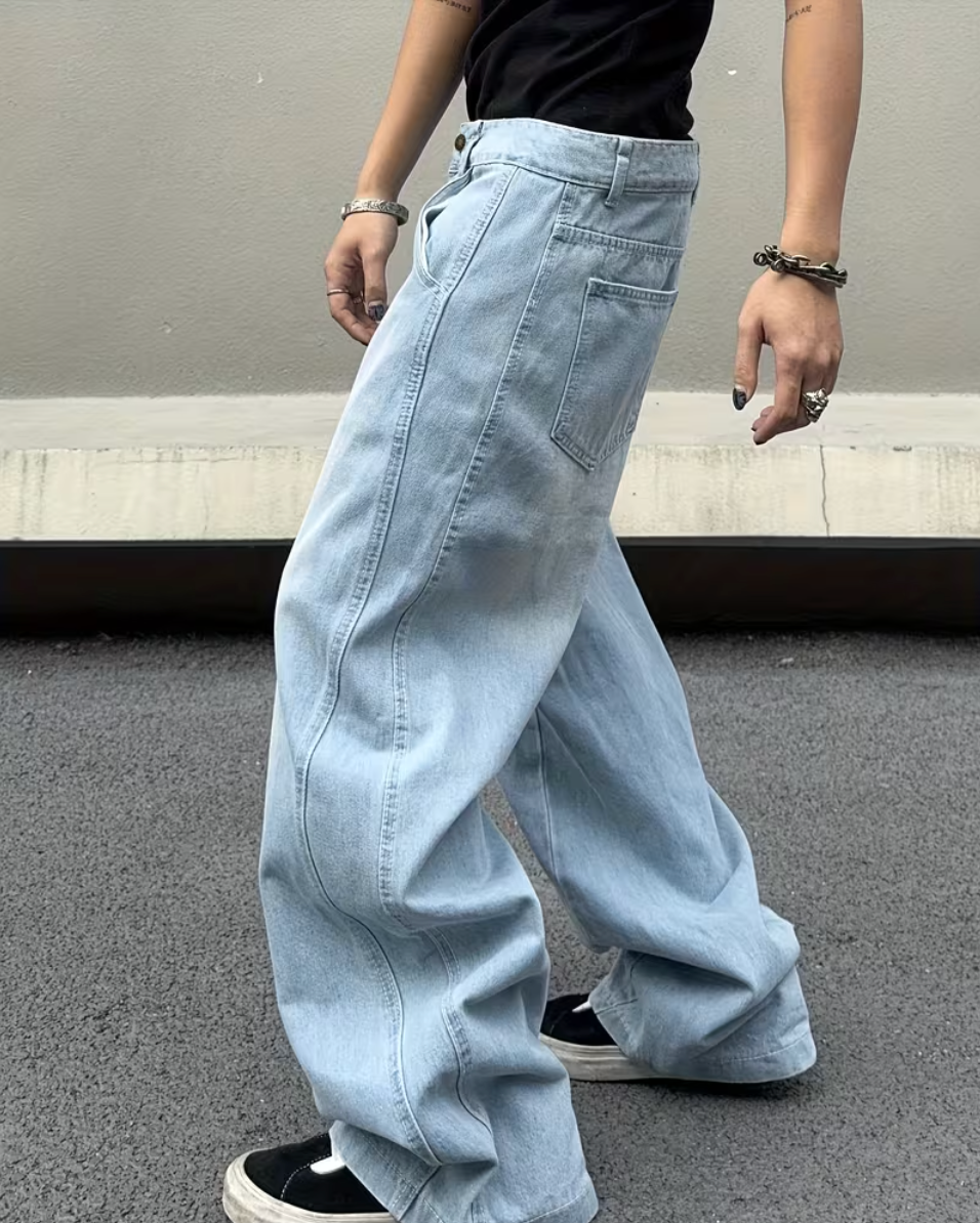 HellMark Baggy Denim Blue Jeans Trendy StreetWear