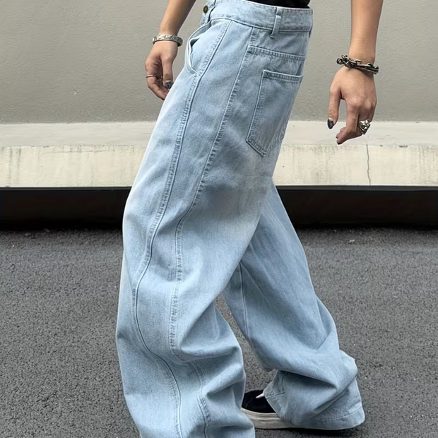 HellMark Baggy Denim Blue Jeans Trendy StreetWear
