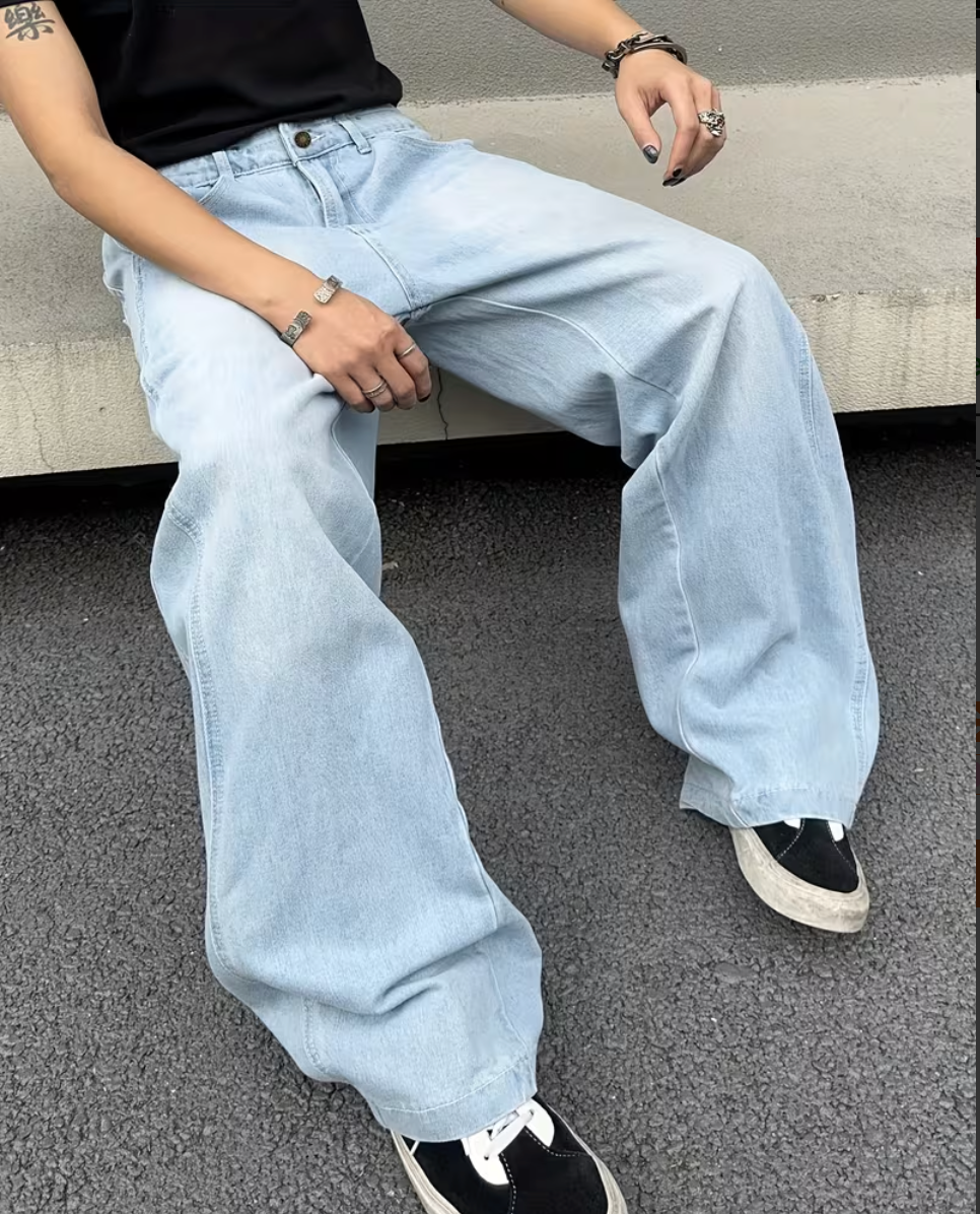 HellMark Baggy Denim Blue Jeans Trendy StreetWear