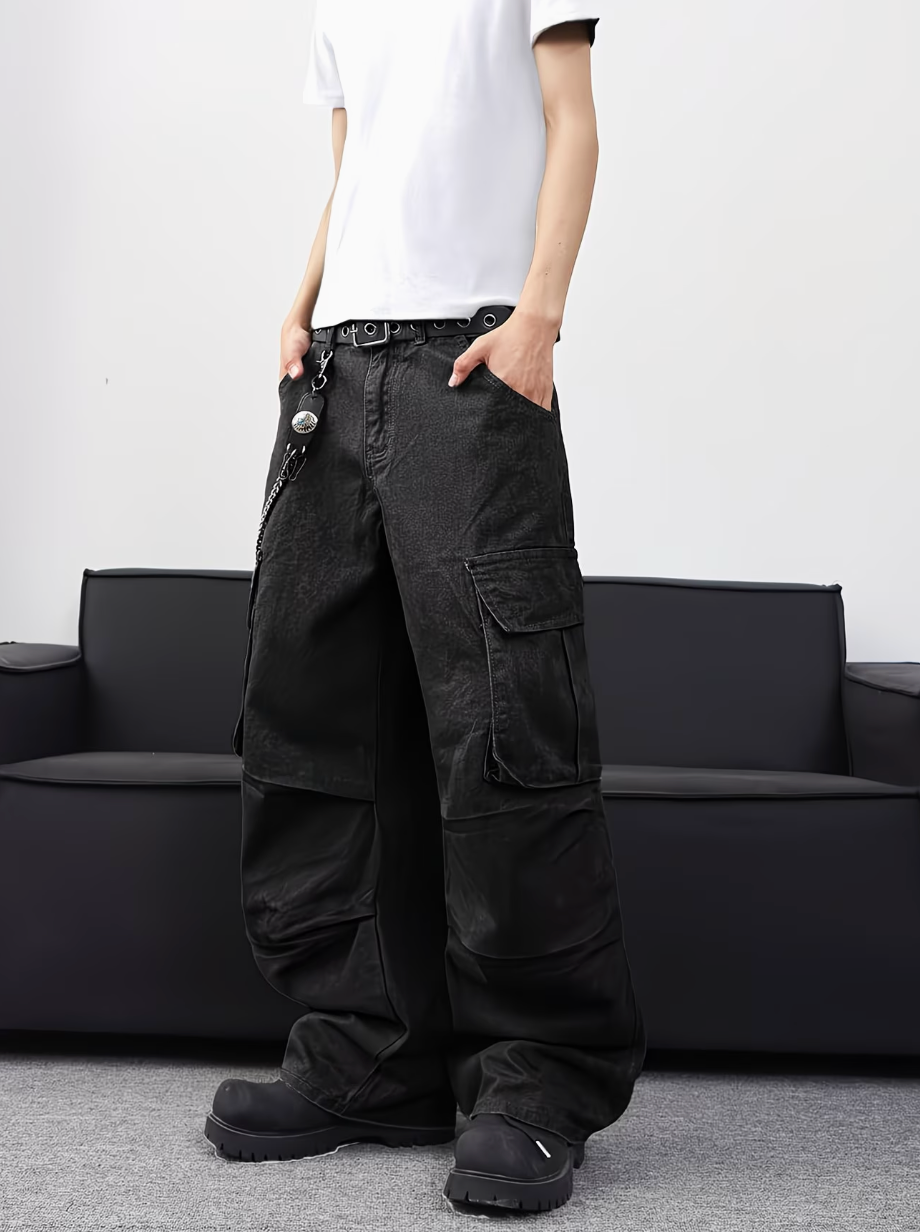 HellMark Baggy Black Denim Cargo Jeans