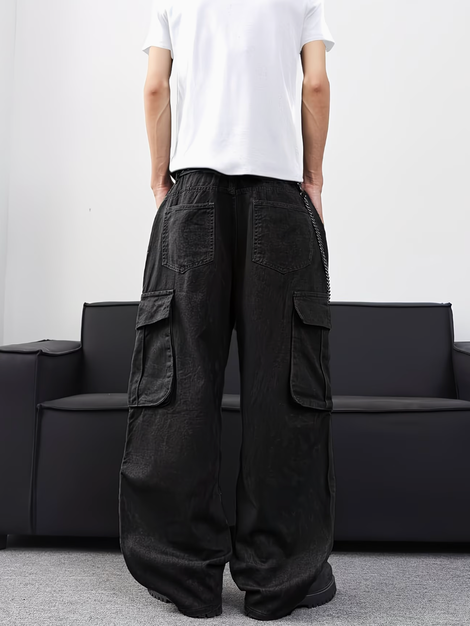 HellMark Baggy Black Denim Cargo Jeans