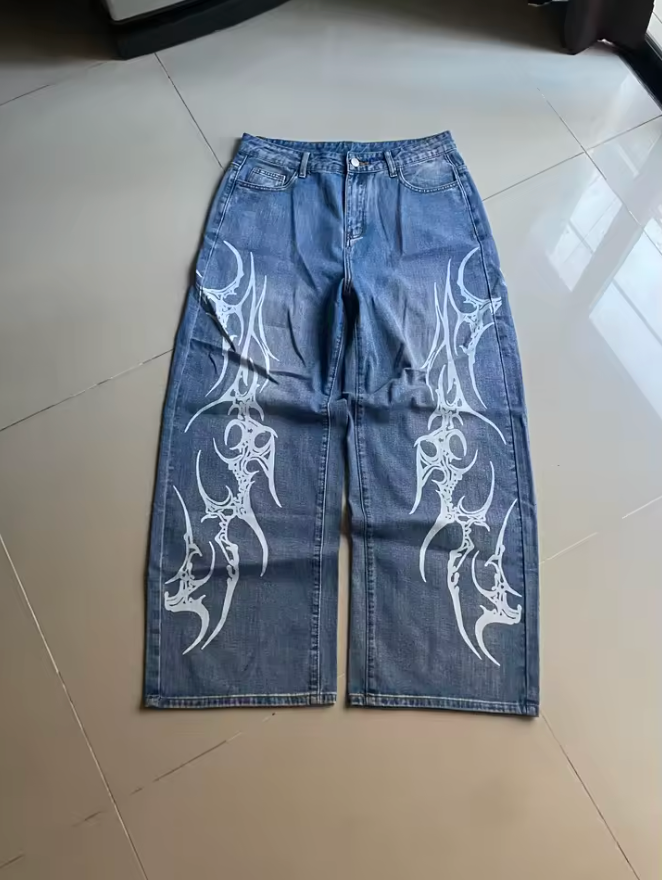 HellMark Retro Blue Denim Racing Flame Design StreetWear