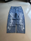 HellMark Retro Blue Denim Racing Flame Design StreetWear