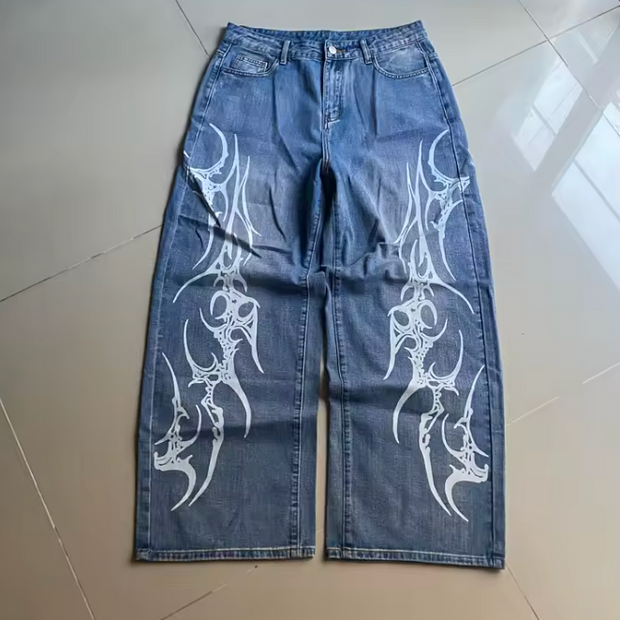 HellMark Retro Blue Denim Racing Flame Design StreetWear