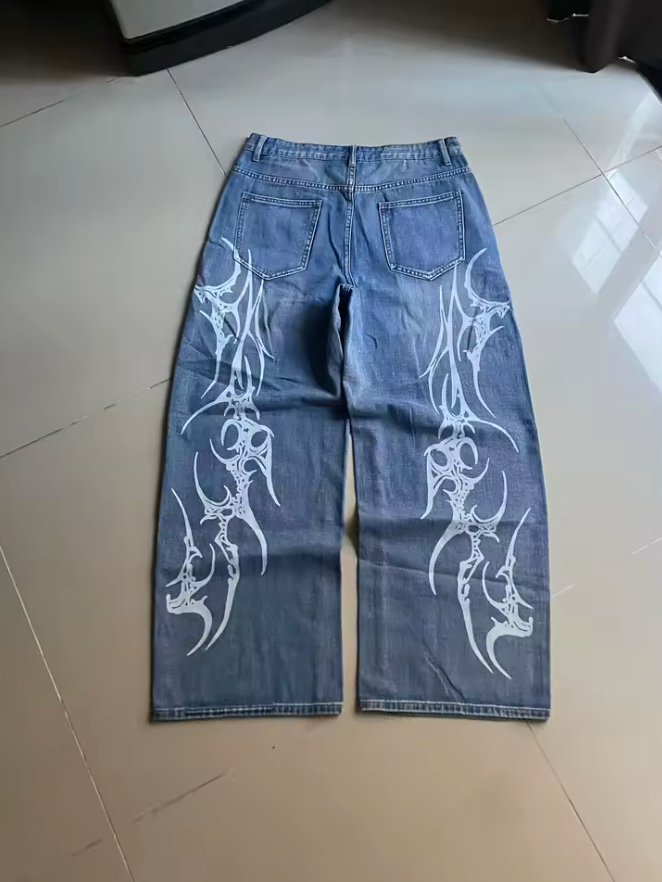 HellMark Retro Blue Denim Racing Flame Design StreetWear