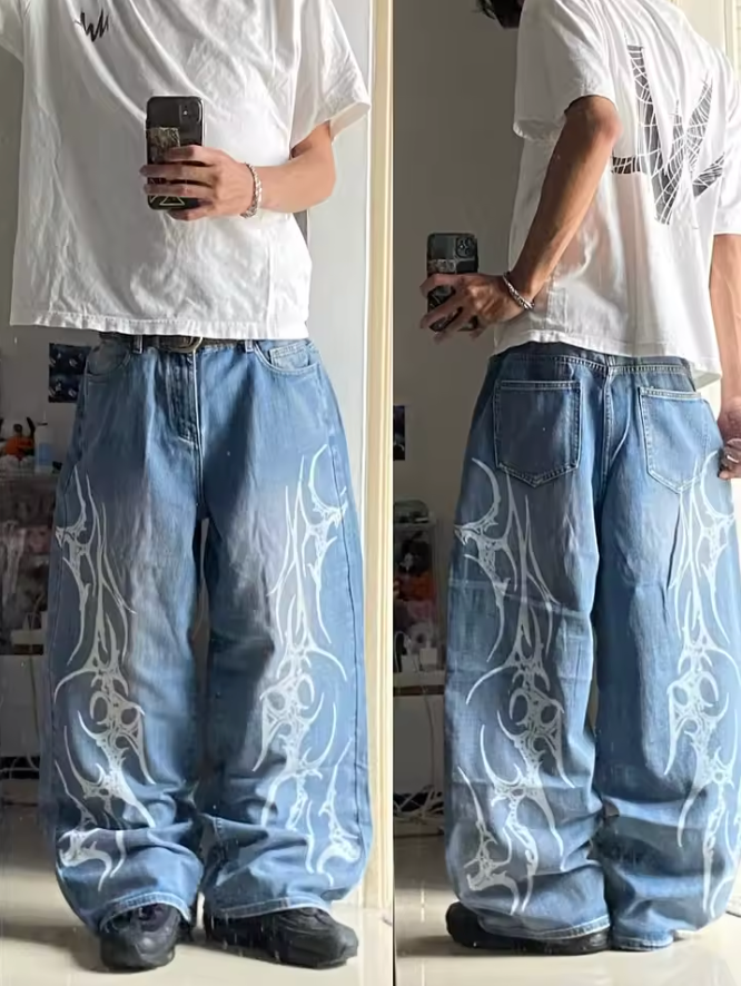 HellMark Retro Blue Denim Racing Flame Design StreetWear