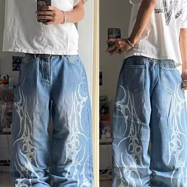 HellMark Retro Blue Denim Racing Flame Design StreetWear