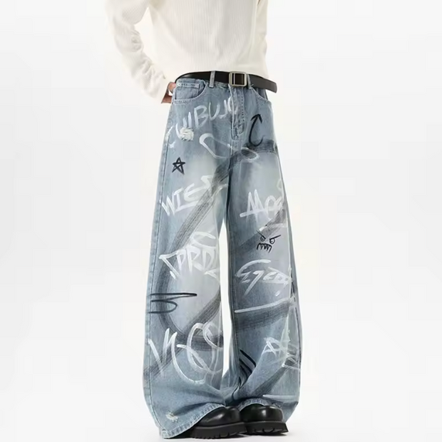 HellMark Hand Painted Graffiti Blue Denim