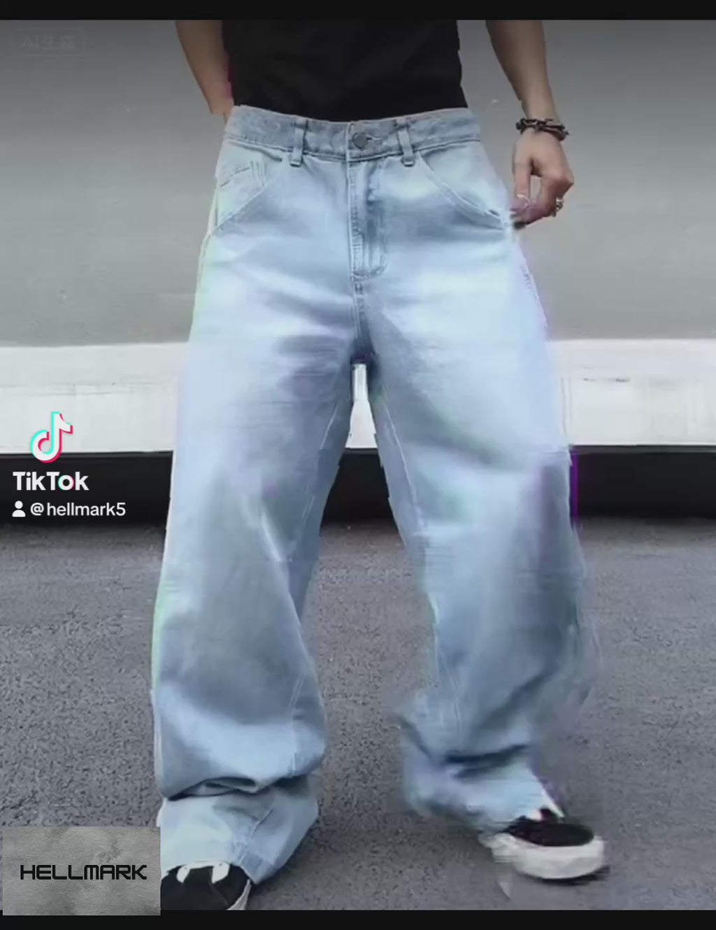 HellMark Baggy Denim Blue Jeans Trendy StreetWear