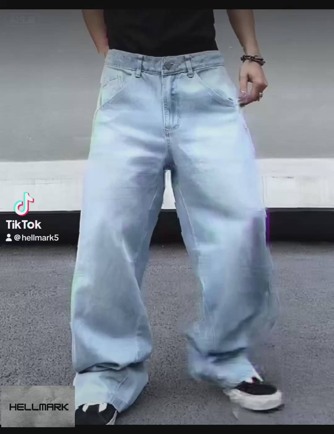 HellMark Baggy Denim Blue Jeans Trendy StreetWear